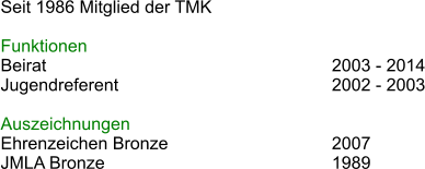 Seit 1986 Mitglied der TMK  Funktionen Beirat							2003 - 2014 Jugendreferent						2002 - 2003 							 Auszeichnungen Ehrenzeichen Bronze				2007 JMLA Bronze						1989