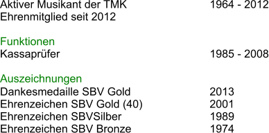 Aktiver Musikant der TMK				1964 - 2012 Ehrenmitglied seit 2012  Funktionen Kassaprfer						1985 - 2008  Auszeichnungen Dankesmedaille SBV Gold				2013 Ehrenzeichen SBV Gold (40)			2001 Ehrenzeichen SBVSilber				1989 Ehrenzeichen SBV Bronze			1974