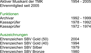 Aktiver Musikant der TMK				1954 - 2005 Ehrenmitglied seit 2005  Funktionen Archivar							1992 - 1999 Kassaprfer						1978 - 1992 Kassaprfer						1972 - 1974  Auszeichnungen Ehrenzeichen SBV Gold (50)			2004 Ehrenzeichen SBV Gold (40)			1994 Ehrenzeichen SBV Silber				1979 Ehrenzeichen SBV Bronze			1980
