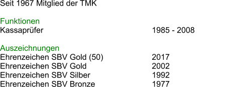Seit 1967 Mitglied der TMK  Funktionen Kassaprfer						1985 - 2008 							 Auszeichnungen Ehrenzeichen SBV Gold (50) 			2017 Ehrenzeichen SBV Gold				2002				 Ehrenzeichen SBV Silber				1992 Ehrenzeichen SBV Bronze			1977