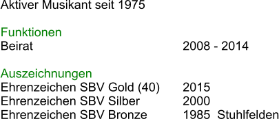 Aktiver Musikant seit 1975  Funktionen Beirat						2008 - 2014 							 Auszeichnungen Ehrenzeichen SBV Gold (40)	2015 Ehrenzeichen SBV Silber		2000 Ehrenzeichen SBV Bronze		1985  Stuhlfelden