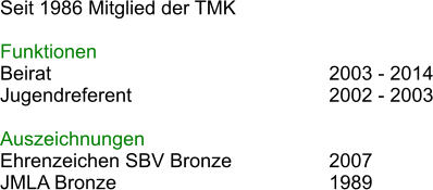 Seit 1986 Mitglied der TMK  Funktionen Beirat							2003 - 2014 Jugendreferent					2002 - 2003 							 Auszeichnungen Ehrenzeichen SBV Bronze			2007 JMLA Bronze						1989