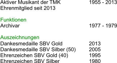 Aktiver Musikant der TMK			1955 - 2013 Ehrenmitglied seit 2013  Funktionen Archivar							1977 - 1979  Auszeichnungen Dankesmedaille SBV Gold			2013 Dankesmedaille SBV Silber (50)		2005 Ehrenzeichen SBV Gold (40)		1995 Ehrenzeichen SBV Silber			1980