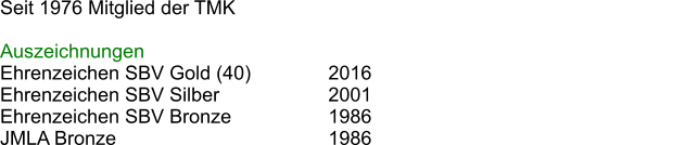 Seit 1976 Mitglied der TMK												  Auszeichnungen Ehrenzeichen SBV Gold (40)		2016 Ehrenzeichen SBV Silber			2001 Ehrenzeichen SBV Bronze			1986 JMLA Bronze 						1986