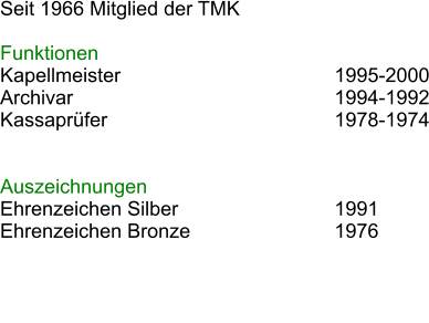 Seit 1966 Mitglied der TMK  Funktionen Kapellmeister						1995-2000 Archivar							1994-1992 Kassaprfer						1978-1974  							 Auszeichnungen Ehrenzeichen Silber				1991 Ehrenzeichen Bronze				1976